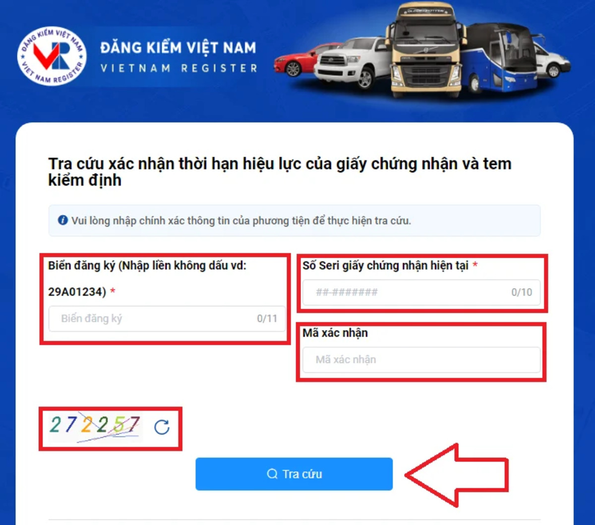 Truy cập website để tra cứu hạn đăng kiểm của xe ô tô